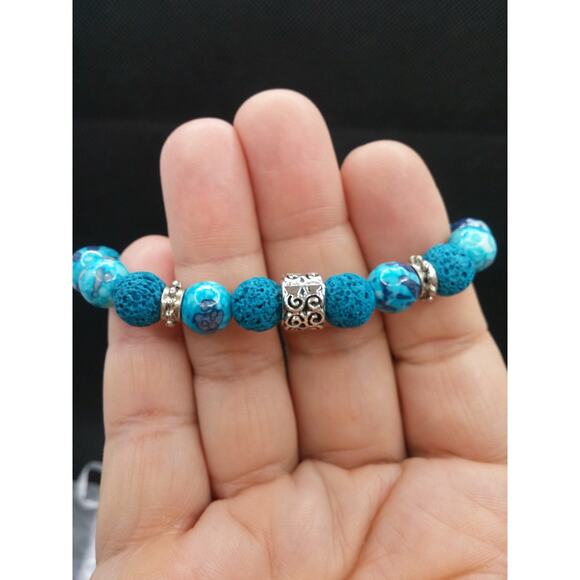 Artisan Rain Flower Jade Bracelet Beaded Lava Stones Diffuser Tibetan Silver - Picture 8 of 14